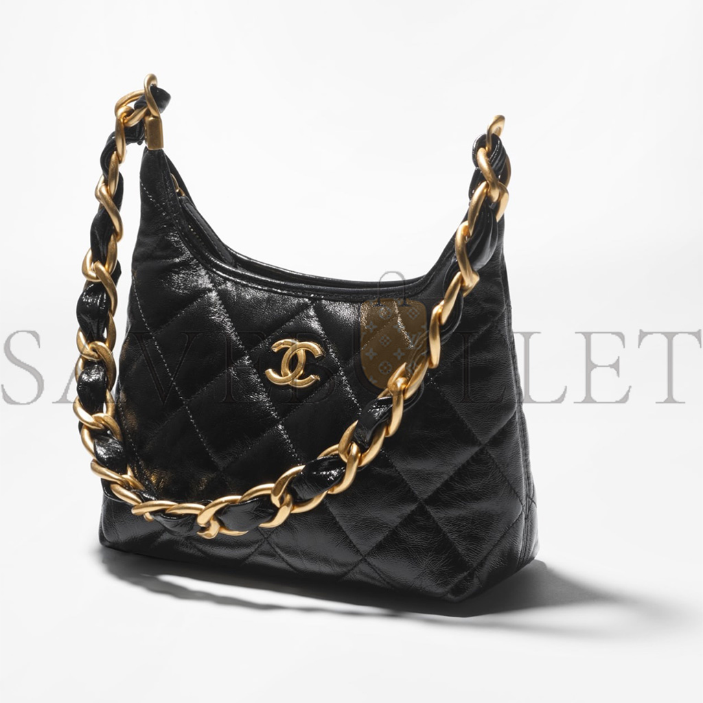 CHANEL MASTER SMALL HOBO BAGSHINY LAMBSKIN GOLDTONE METALLIC BLACK AS4922 (22.5*19.5*8.5cm)